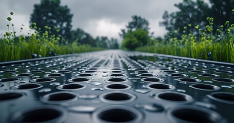 Urban drainage system overhaul, close-up, cloudy day, wide lens, focus on sustainability.