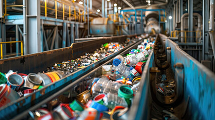 Interior of a recycling plant, with the machines working transporting plastic waste.