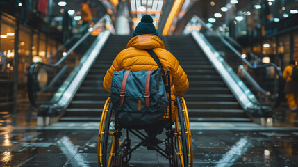 Obraz premium Man in wheel chair facing a tall staircase inside subway station. Challenge concept. 