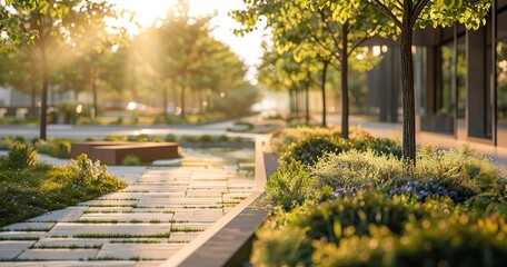 Landscape architect designing outdoor space for a corporate park, close view, golden hour, wide lens, blending nature and commerce. 