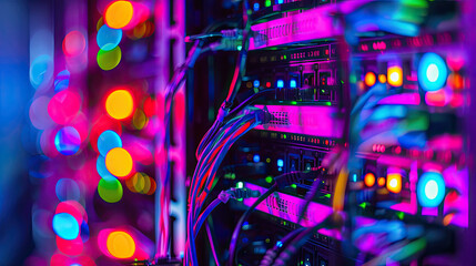 Closeup of a network server with colorful lights