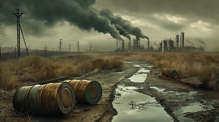 Abandoned oil drums, chemical plants emitting black smoke, polluted land, hazy skies, foul smelling ditches.Disorderly discharge of pollutants from chemical enterprises - obrazy, fototapety, plakaty