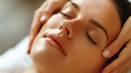 Relaxed young girl with eyes closed receives a comforting head massage.