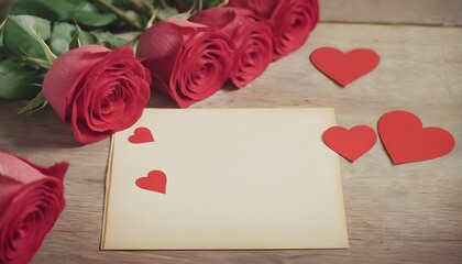 greeting card on a wooden background between roses Saint Valentine concept