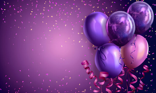 Elegant puple balloon and ribbon Happy Birthday celebration card banner template background, Generative AI