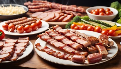 Slices of bacon cooking on a griddle with steam rising, next to a plate with sausages and skewers with meat and vegetables in the background - obrazy, fototapety, plakaty