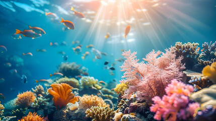 Fototapeta na wymiar Vibrant coral reef teeming with fish and colorful corals in underwater world