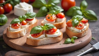 Traditional italian bruschetta with cherry tomatoes,cheese mozzarella and basil leaves - obrazy, fototapety, plakaty