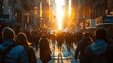 Crowded urban street scene with pedestrians crossing as sun sets in city. Vibrant city life and...