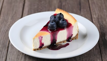 Blueberry cream cheesecake in white plate on wood table