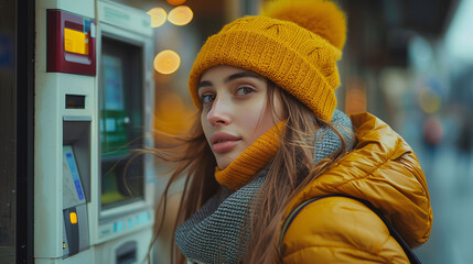 A contemplative young woman stands by an ATM, dressed in vibrant yellow winter clothing, against an urban bokeh background..