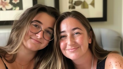 Mother and daughter taking selfie at home