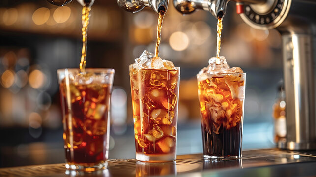 Ice cold refreshing drinks getting filled at bar dispenser.