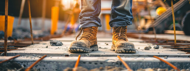 A man in work boots stands on a concrete slab - obrazy, fototapety, plakaty