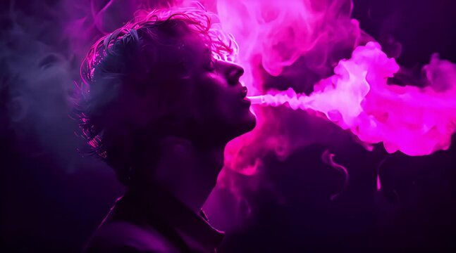 A young man smokes an electronic cigarette (mov) made with Ai generative technology, person is fictional