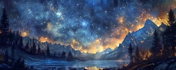 Captivating Starry Night Landscape in the Wilderness with Glowing Galaxy Backdrop and Hand Drawn