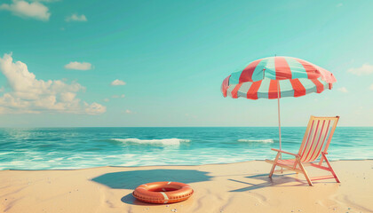 Fototapeta na wymiar Chaise lounge with umbrella on the sandy shore. Theme concept, time to relax. Summer concept. Vacation time. Vacation on the beach. 3d render.