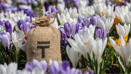 Money bag with the symbol of the Kazakh currency tenge on a background of blooming crocus flowers