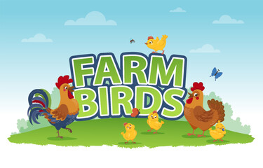 Banners of poultry farms with cartoon birds and chickens.vector illustration of a rooster, a hen, chickens on the background of an inscription. - 771982779