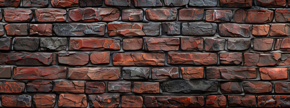 A weathered red brick wall displays a textured pattern and vintage appeal.