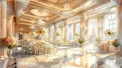 Exquisite Opulent Interior of a Luxurious Ballroom for Lavish Wedding Reception with Grandiose Chandelier and Floral Decor - obrazy, fototapety, plakaty