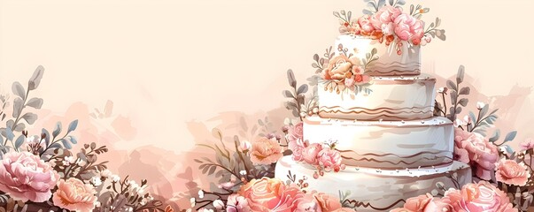 Lavish Tiered Wedding Cake with Floral and Artful Confectionery Details on a Neutral Background