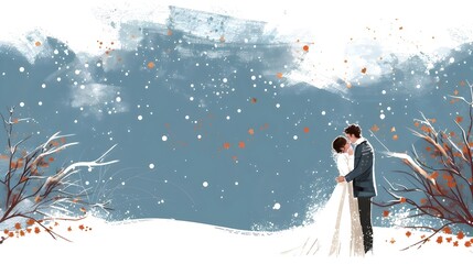 a captivating winter wedding scene where a couple is tenderly embracing under a blanket of soft