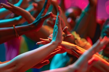 Dancers performing intricate hand movements in a group with hands raised