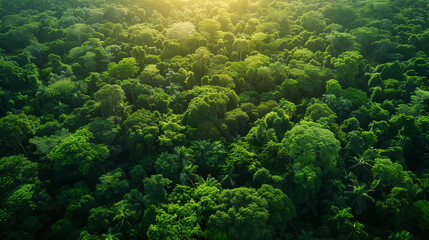Green jungle forest seen from above, aerial view of Amazon rainforest. - obrazy, fototapety, plakaty