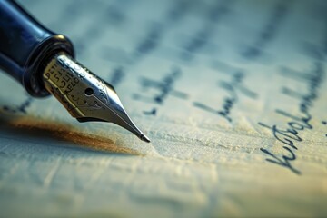 Close-up of a fountain pen writing on a piece of paper, capturing the intricate details of the...