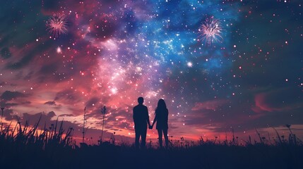 Mesmerizing Fireworks Display Over Silhouetted Couple Celebrating in the Tranquil Evening Sky - obrazy, fototapety, plakaty