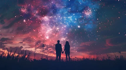 Selbstklebende Fototapeten Mesmerizing Fireworks Display Over Silhouetted Couple Celebrating in the Tranquil Evening Sky © Thares2020