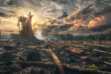 A large tree stump stands in the center of a forest, showcasing the impact of deforestation and...