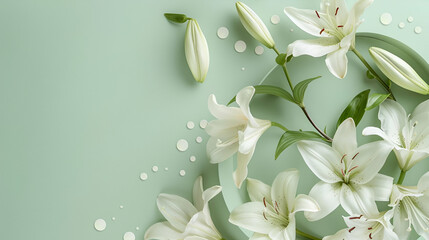 Fototapeta na wymiar Lilies Purity in Bloom - Scandinavian Simplicity; Freshness and Growth Concept; Suitable for Springtime Product Ads, Clean Beauty Themes, or Spa and Wellness Decor, with Extensive Copy Space