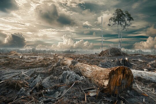 A tree stump in a field with clouds in the background, showcasing deforestation and clear-cutting