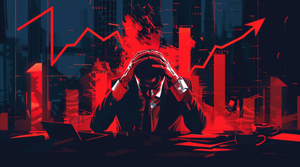 stressed businessman sitting at his desk, holding his head with both hands, stock market graph down