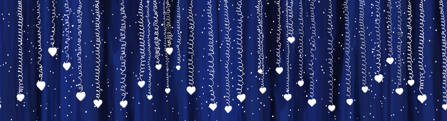 Dark blue digital oil painting horizontal seamless border. Hand drawn white snow hearts on textured blue background. Festive design element. Festive background. - 771984183