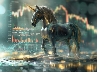 majestic unicorn standing of a pile of various cryptocurrency tokens, crypto market graph background