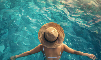 Top view of beautiful woman earing sunhat relaxing in swimming pool , Generative AI - obrazy, fototapety, plakaty