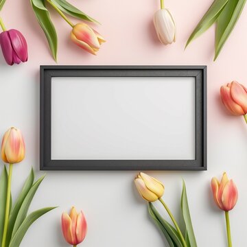 Frame mockup,tulip flower background,home decoration,3d render