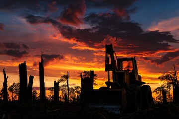 A tractor stands out in silhouette against a vibrant and colorful sunset, creating a striking contrast between man-made machinery and natures beauty