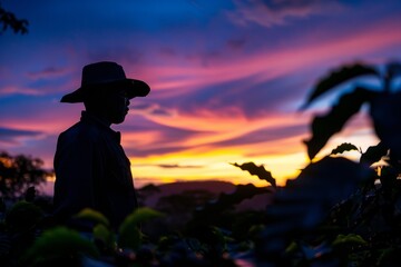 A man wearing a hat is silhouetted against the sunset sky