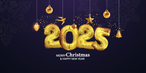 Horizontal neon Christmas New Year banner 2025. Realistic Christmas tree toys hanging down. Golden ball, bird, cone, star Christmas poster, holiday banner, Flyer, Stylish brochure