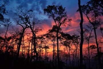 Silhouettes of trees contrast with colorful clouds in a sunset sky over a forest, evoking a sense of natures beauty and tranquility