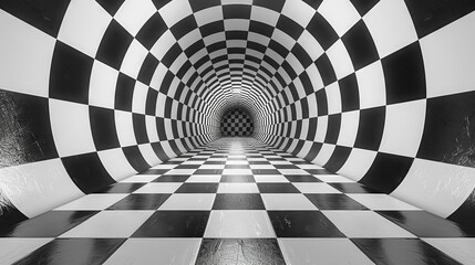 Endless black and white checkered tunnel draws one into the void