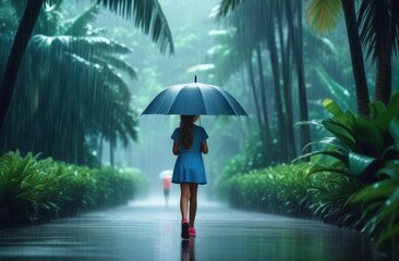 Girl walking in tropical rain with umbrella, rear view