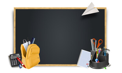 A bright banner with a place for text on a dark blackboard with realistic school objects: pencils, paper airplane, scissors, calculator
