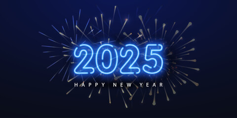 Blue neon year 2025 on a black background with fireworks. Christmas Horizontal background design happy New Year 2025.