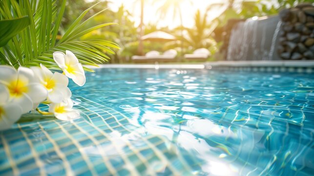 Swimming pool in tropical resort with tropical leaves and flowers, sun loungers and a waterfall in the background, Hotel pool area, Luxury summer vacation holiday, AI generated