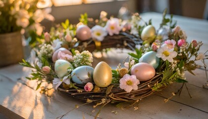 Fototapeta na wymiar handmade easter wreath with colored eggs and spring flowers creative workshop idea